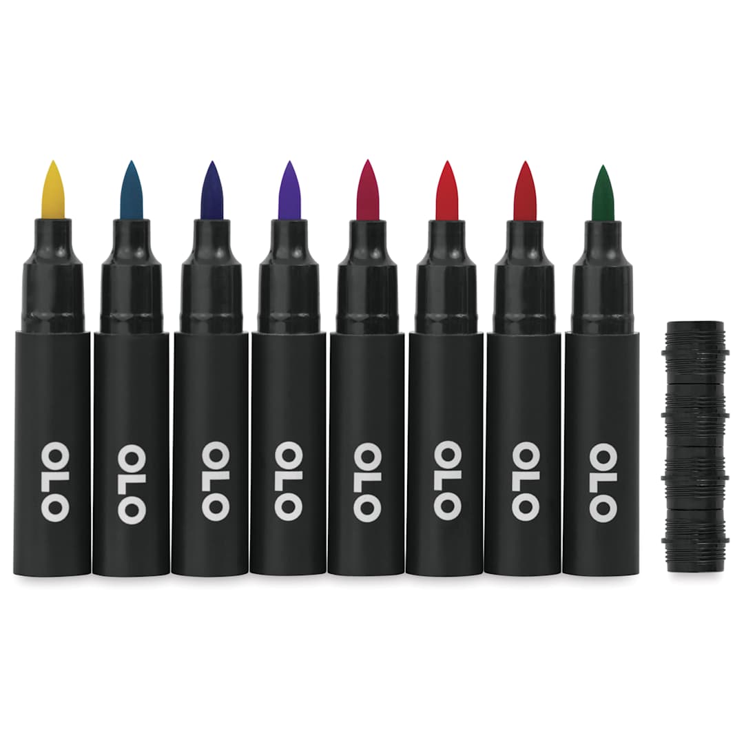 Open in modal - Olo Brush Dual-Tip Markers - Set of 8, Vibrant, caps off