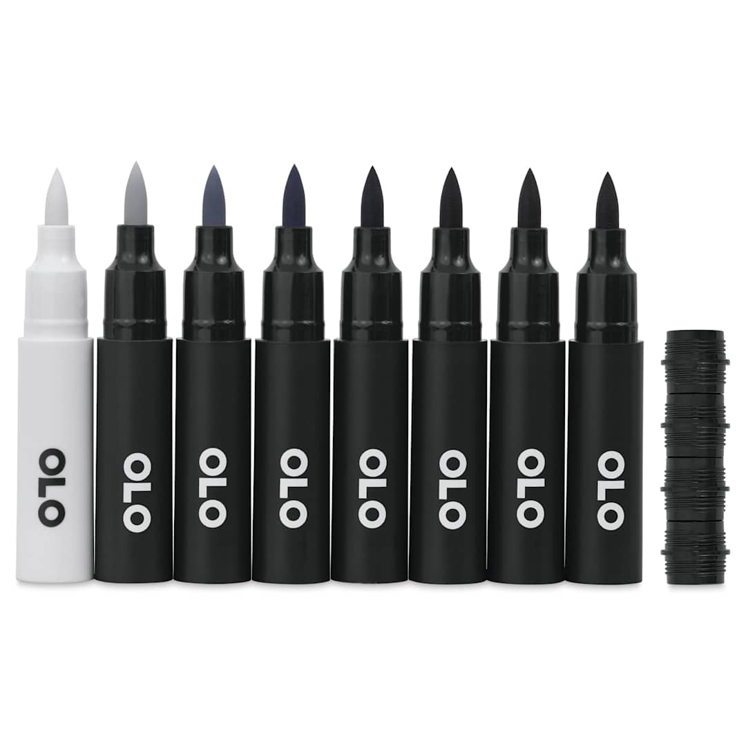 Open in modal - Olo Brush Dual-Tip Markers - Set of 8, Cool Gray, caps off