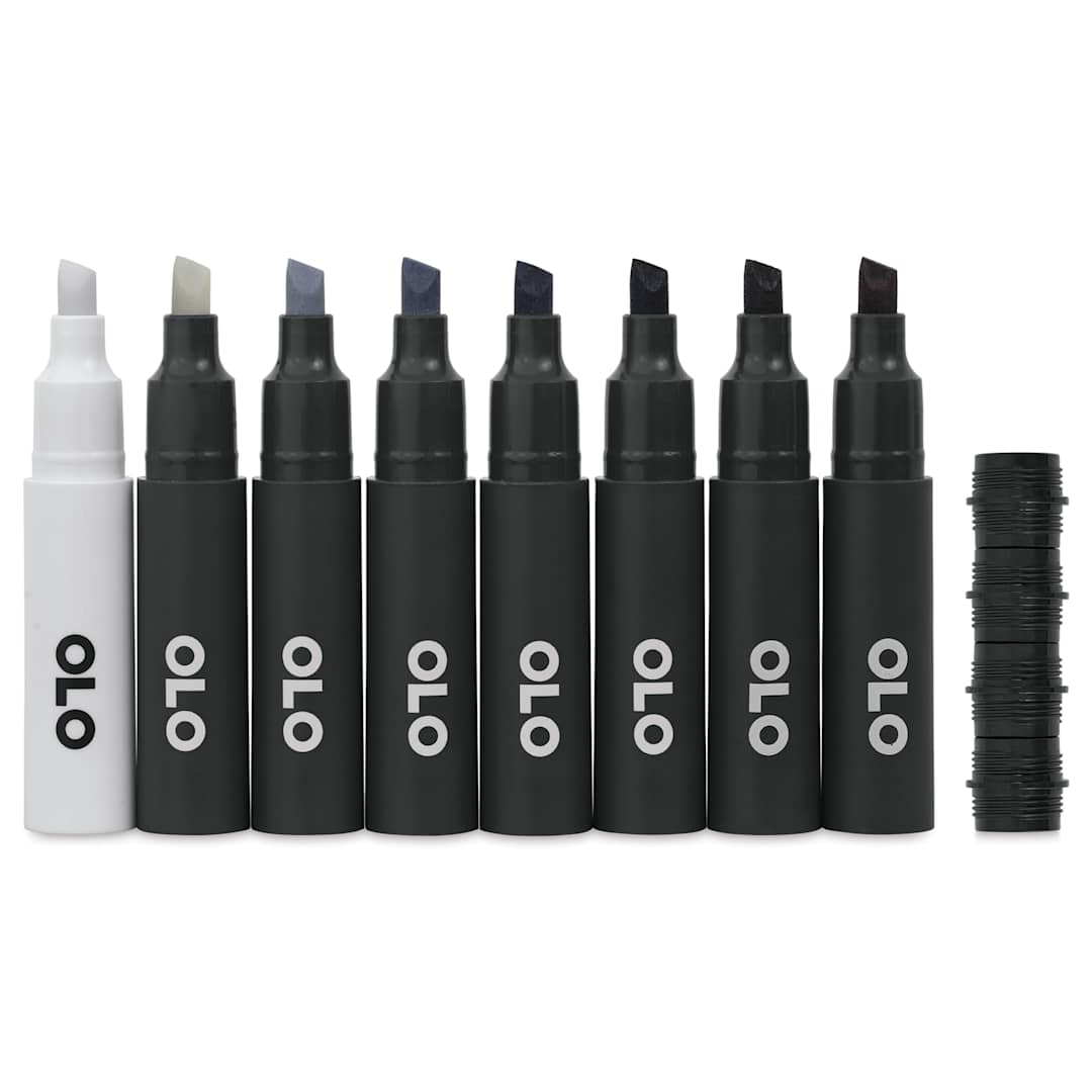 Open in modal - Olo Chisel Dual-Tip Markers - Set of 8, Cool Gray, caps off
