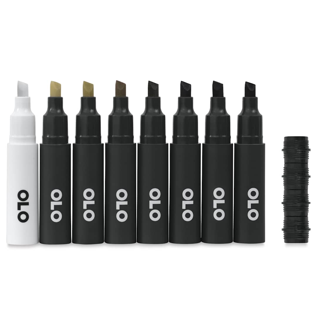 Open in modal - Olo Chisel Dual-Tip Markers - Set of 8, Warm Gray, caps off