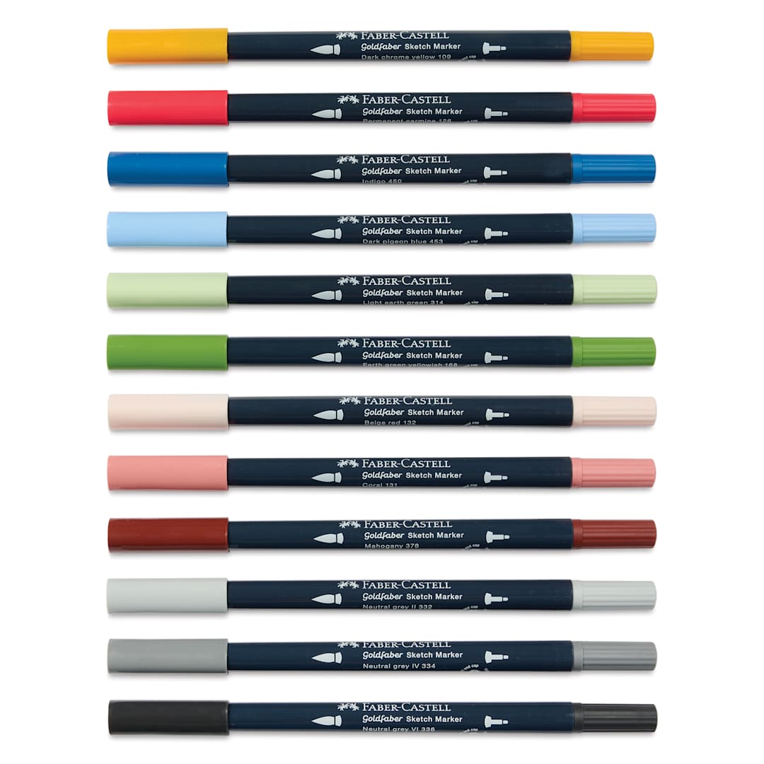 Open in modal - Faber-Castell Goldfaber Sketch Dual-Tip Markers - Assorted Colors, Set of 12, caps on