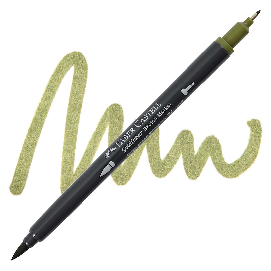Open in modal - Faber-Castell Goldfaber Sketch Dual-Tip Marker - 173 Olive Green Yellowish, swatch and marker