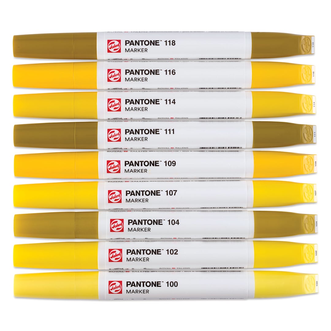 Open in modal - Pantone Dual Tip Markers - Yellow, Set of 9, markers laid out with caps on