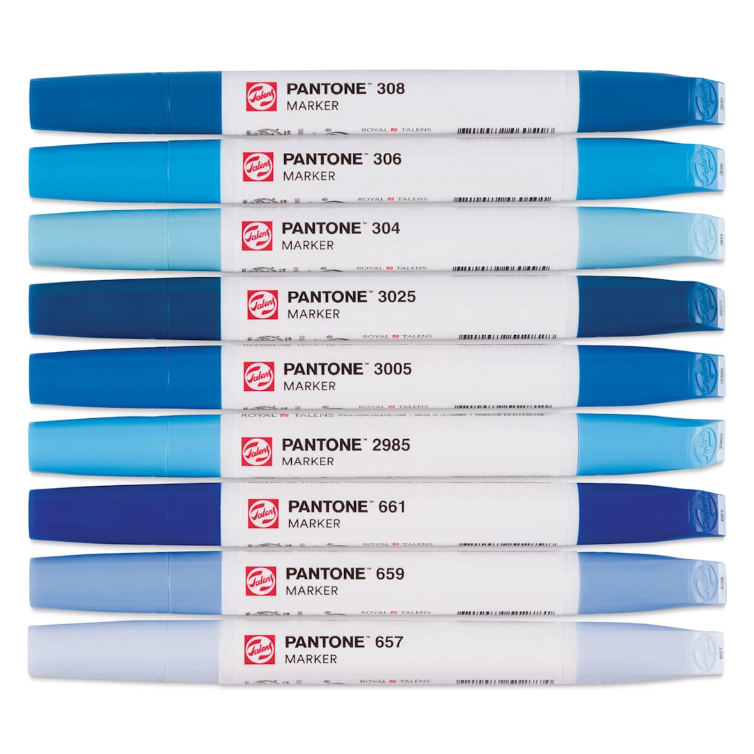 Open in modal - Pantone Dual Tip Markers - Blue, Set of 9, markers laid out with caps on