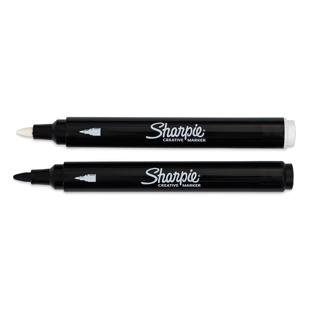Open in modal - Sharpie Creative Acrylic Markers - Set of 2, Black and White, Bullet Tip markers laid out with caps off