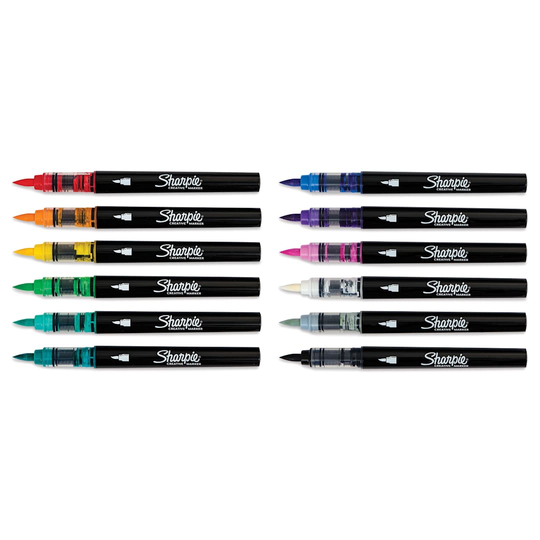 Open in modal - Sharpie Creative Acrylic Markers - Set of 12, Brush Tip markers laid out with caps off