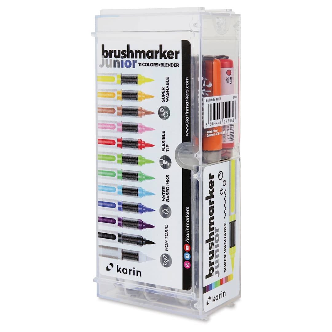 Open in modal - Karin Brushmarker Pro Junior Washable Markers - Set of 12, front of the packaging