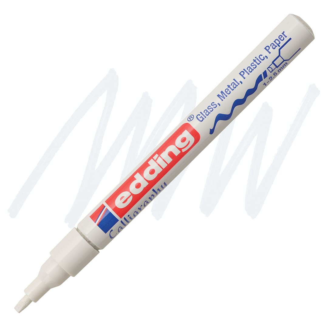 Open in modal - Edding Gloss Paint Marker - White, Calligraphy Nib, 1-5 mm, swatch and marker
