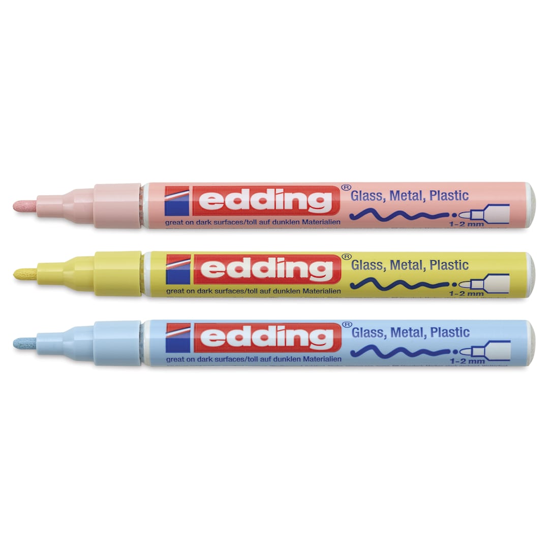 Open in modal - Edding Gloss Paint Markers - Pastel Colors, Set of 3, Round Nib, 1-2 mm, laid out with caps off