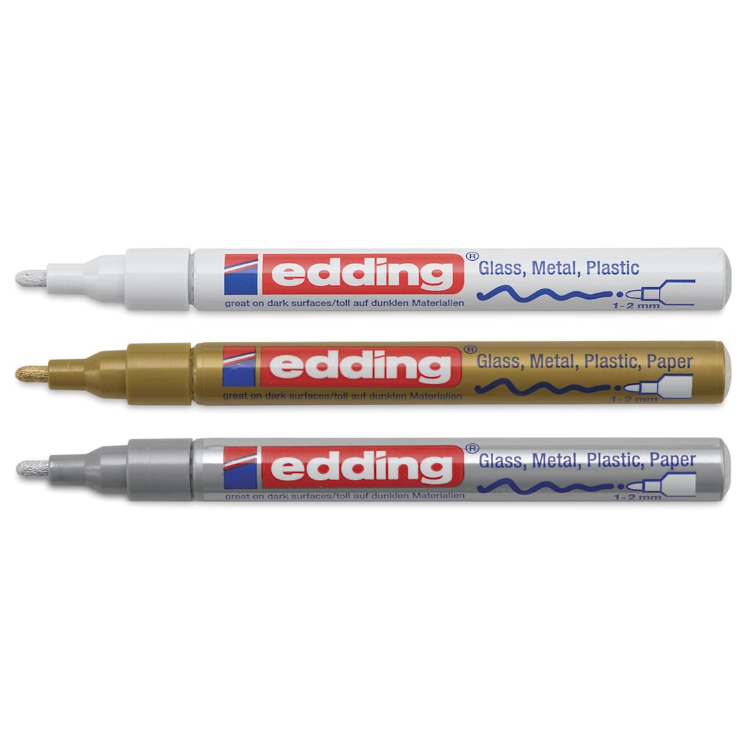 Open in modal - Edding Gloss Paint Markers - Metallic Colors, Set of 3, Round Nib, 1-2 mm, laid out