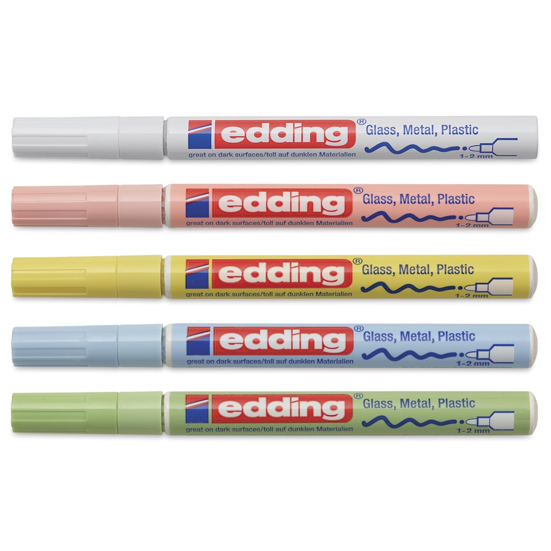 Open in modal - Edding Gloss Paint Markers - Pastel Colors, Set of 5, Round Nib, 1-2 mm, laid out with caps on