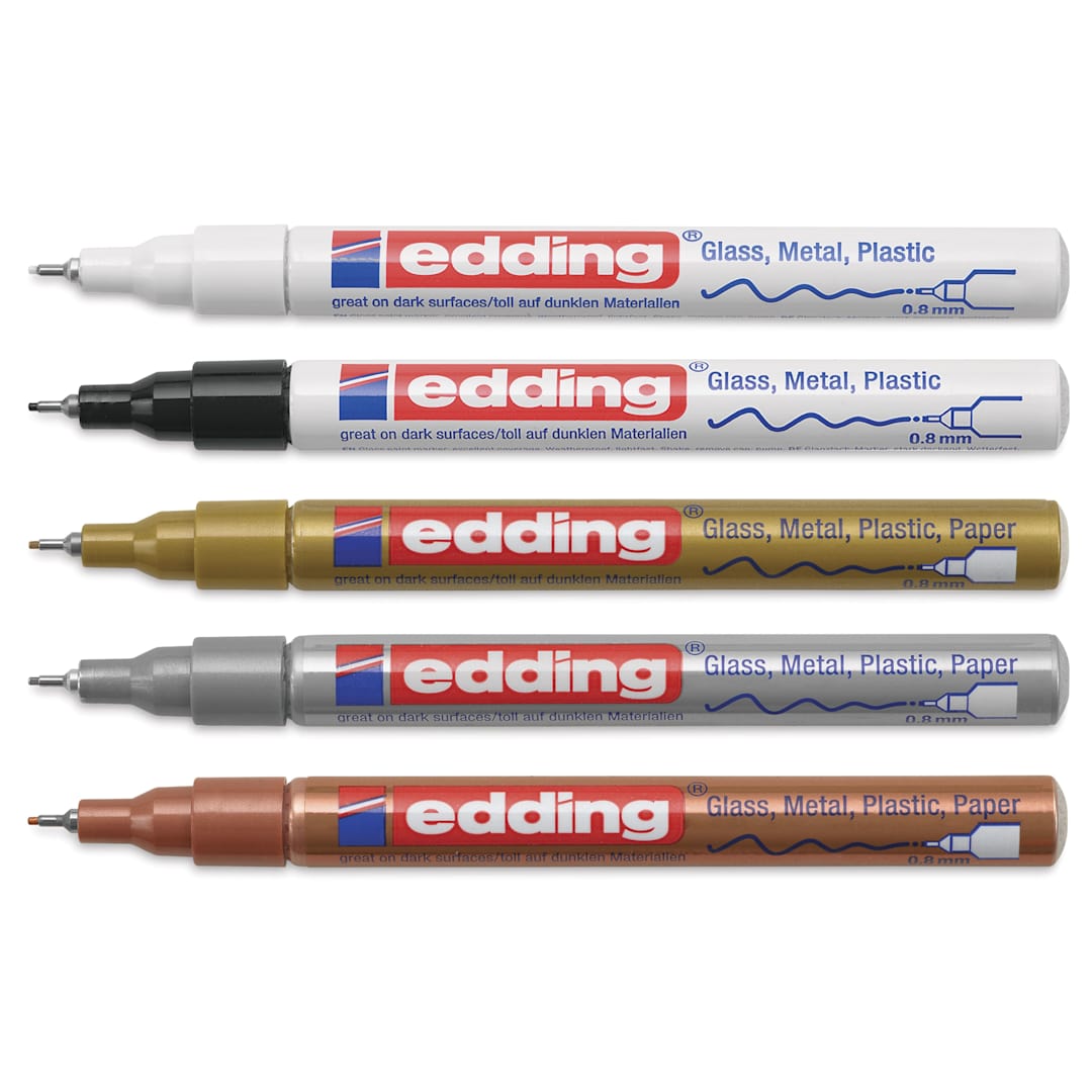 Open in modal - Edding Gloss Paint Markers - Metallic Colors, Set of 5, Round Nib, 0.8 mm, laid out with caps off