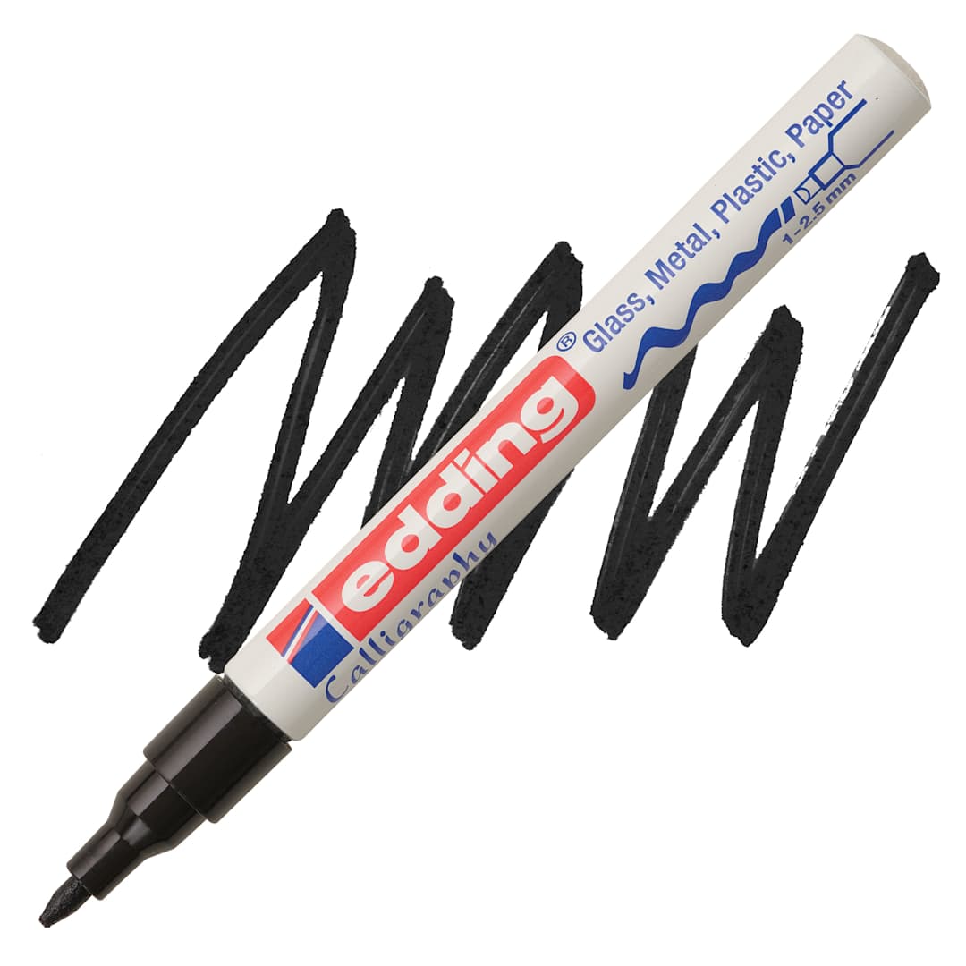 Open in modal - Edding Gloss Paint Marker - Black, Calligraphy Nib, 1-5 mm, swatch and marker