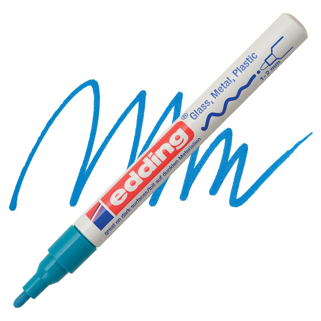 Open in modal - Edding Gloss Paint Marker - Light Blue, Round Nib, 1-2 mm, swatch and marker