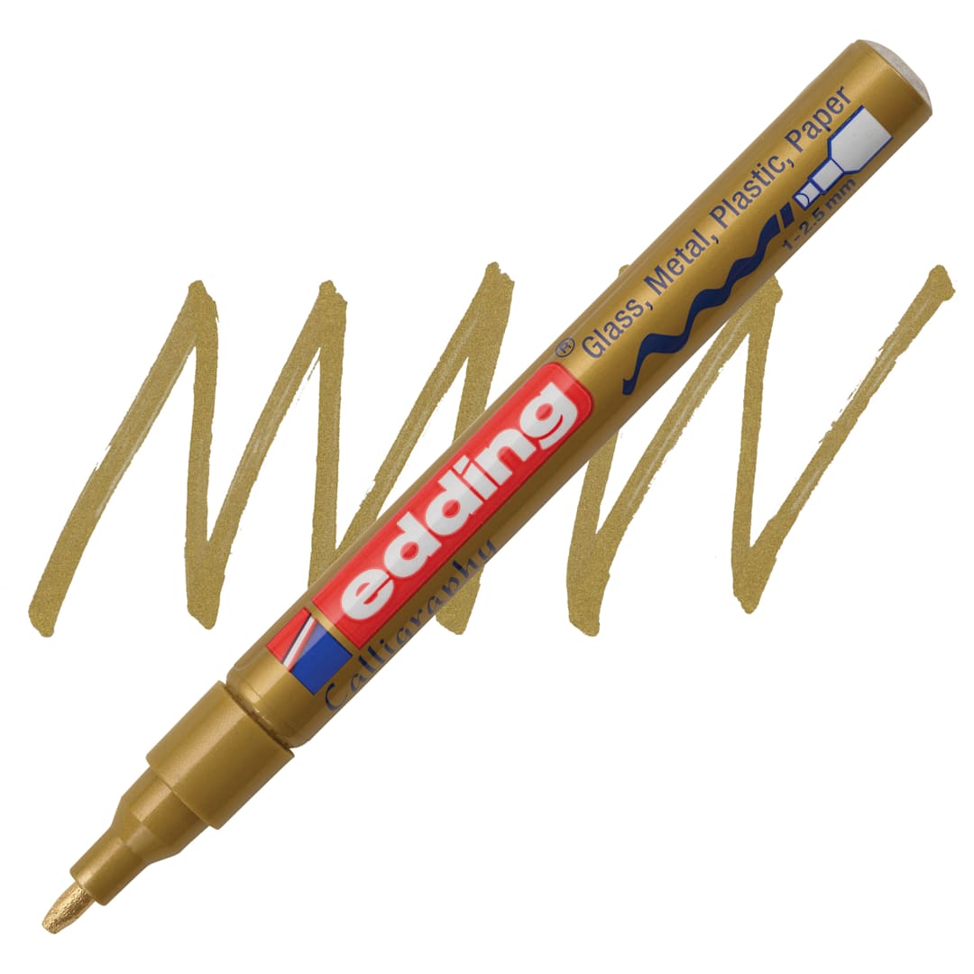 Open in modal - Edding Gloss Paint Marker - Gold, Calligraphy Nib, 1-5 mm, swatch and marker