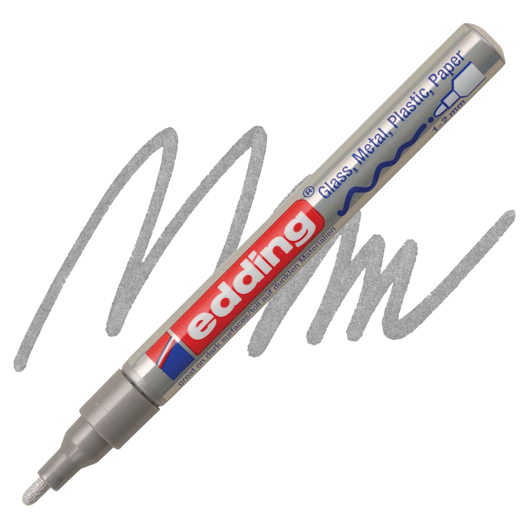 Open in modal - Edding Gloss Paint Marker - Silver, Round Nib, 1-2 mm, swatch and marker