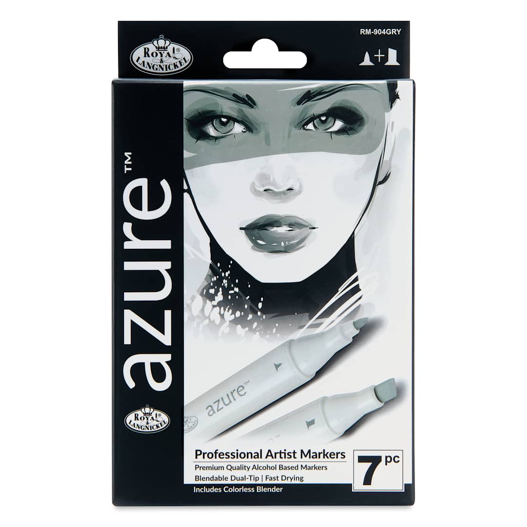 Open in modal - Royal & Langnickel Azure Dual Tip Markers - Set of 7, Grayscale Colors, front of the packaging