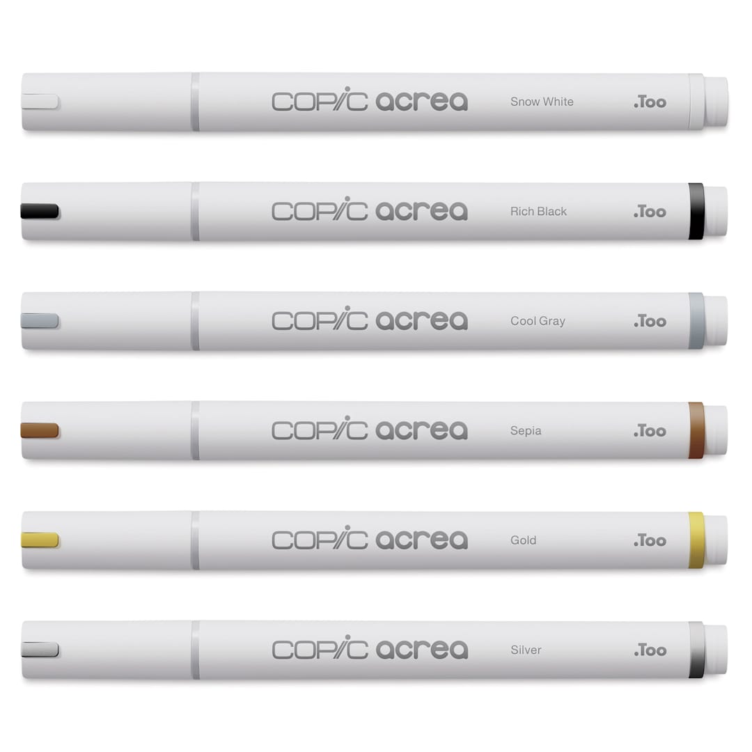 Open in modal - Copic Acrea Paint Markers - Essentials Colors, Set of 6, markers laid out