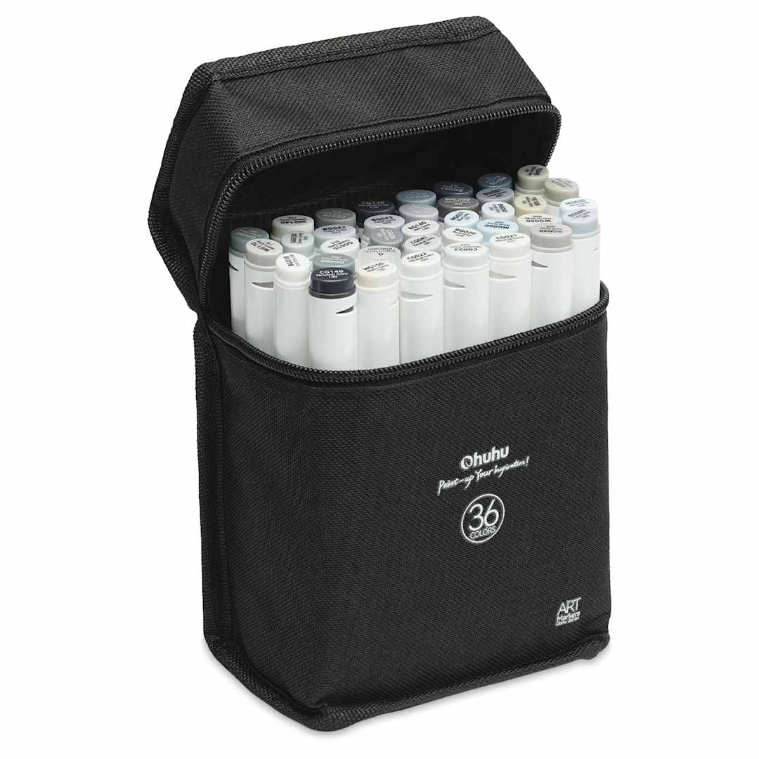 Open in modal - Ohuhu Oahu Dual-Tip Marker Set - Set of 36, Grayscale Colors, in packaging