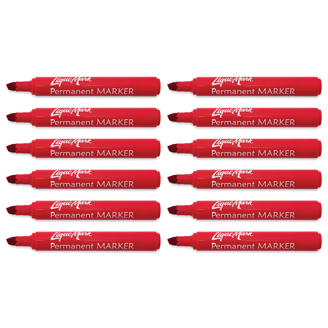 Open in modal - Liqui-Mark Permanent Markers- Pkg of 12, Red, Chisel Tip with caps off