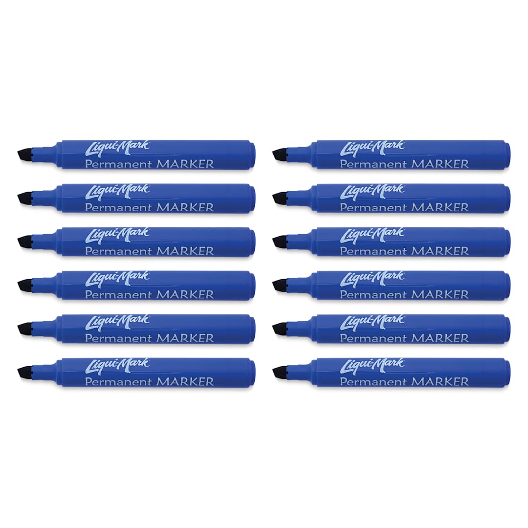 Open in modal - Liqui-Mark Permanent Markers- Pkg of 12, Blue, Chisel Tip with caps off