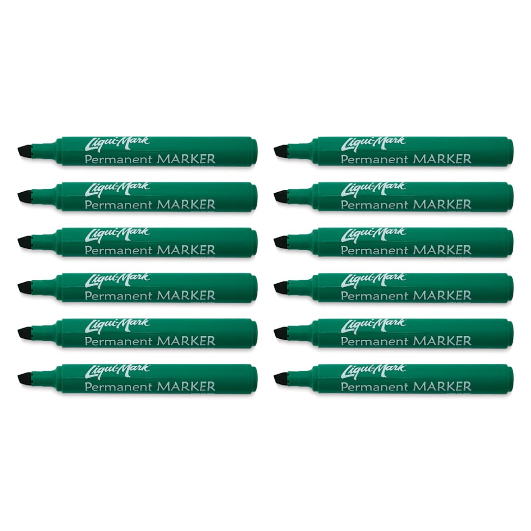 Open in modal - Liqui-Mark Permanent Markers- Pkg of 12, Green, Chisel Tip with caps off