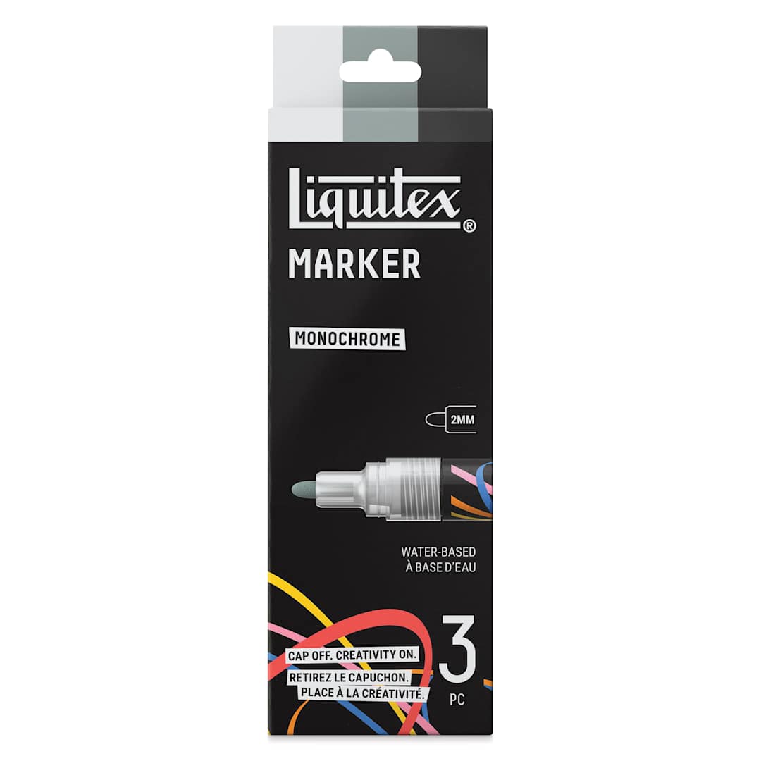Open in modal - Liquitex Markers - Set of 3, Monochrome, Bullet Tip, 2 mm, front of packaging
