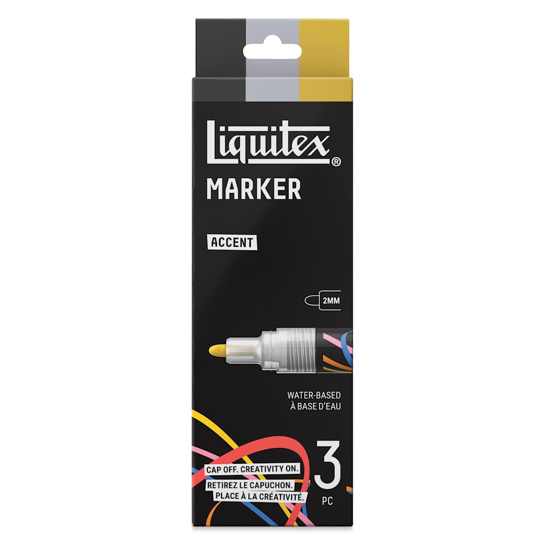 Open in modal - Liquitex Markers - Set of 3, Accent Colors, Bullet Tip, 2 mm, front of packaging