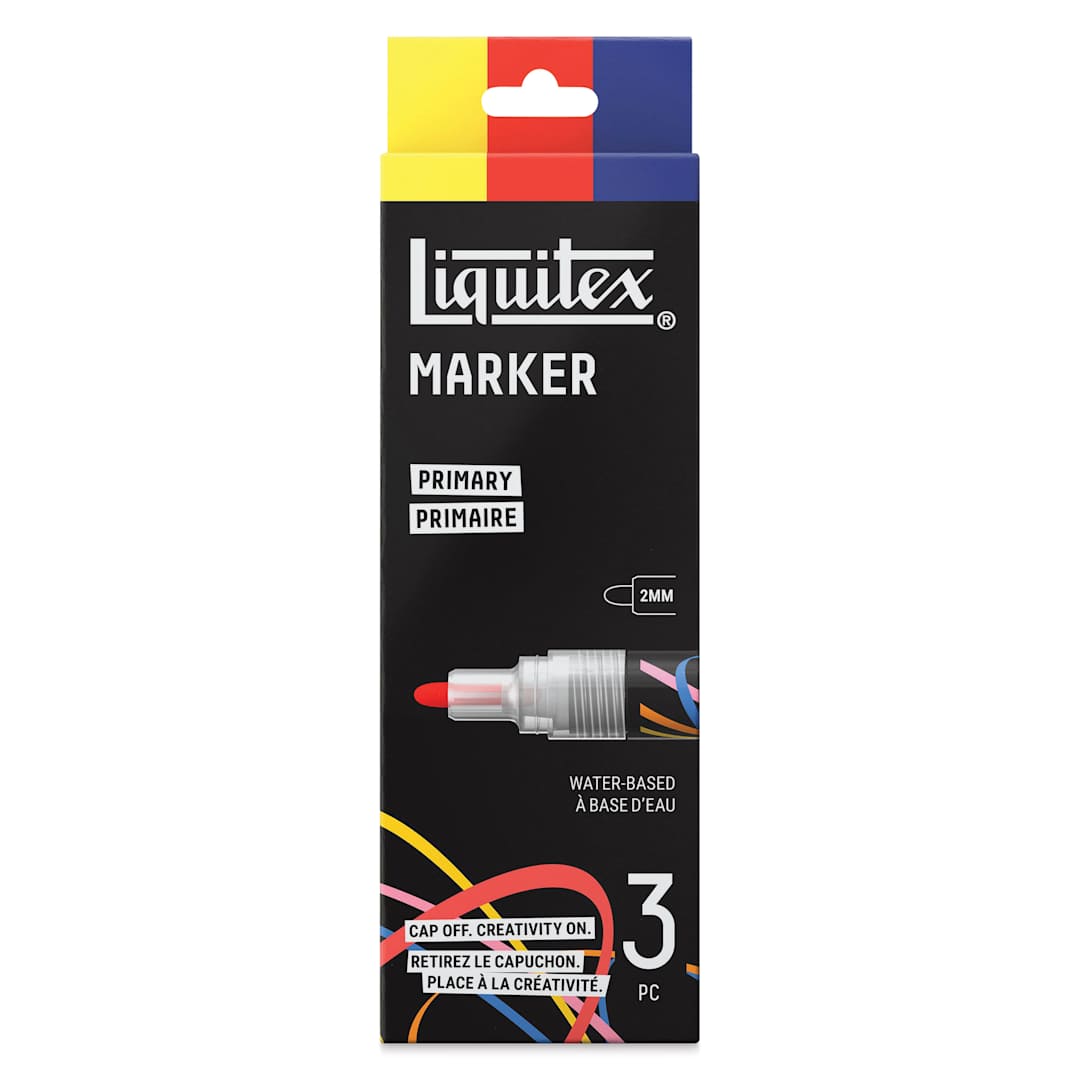 Open in modal - Liquitex Markers - Set of 3, Primary Colors, Bullet Tip, 2 mm, front of packaging