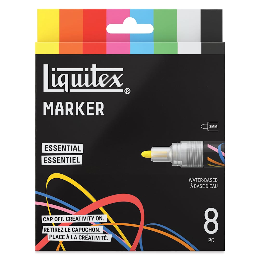 Open in modal - Liquitex Markers - Set of 8, Essential Colors, Bullet Tip, 2 mm, front of packaging