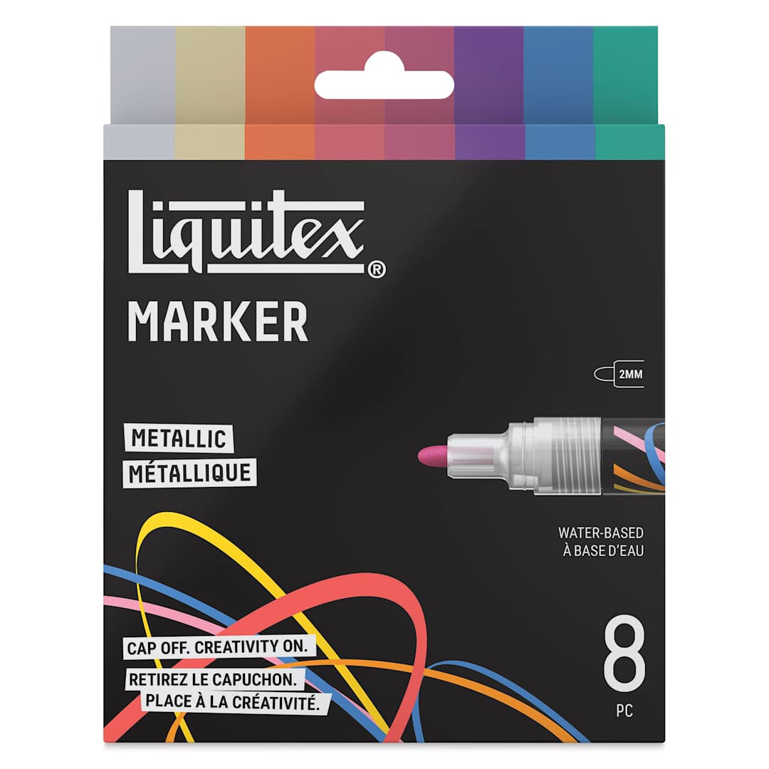 Open in modal - Liquitex Markers - Set of 8, Metallic Colors, Bullet Tip, 2 mm, front of packaging