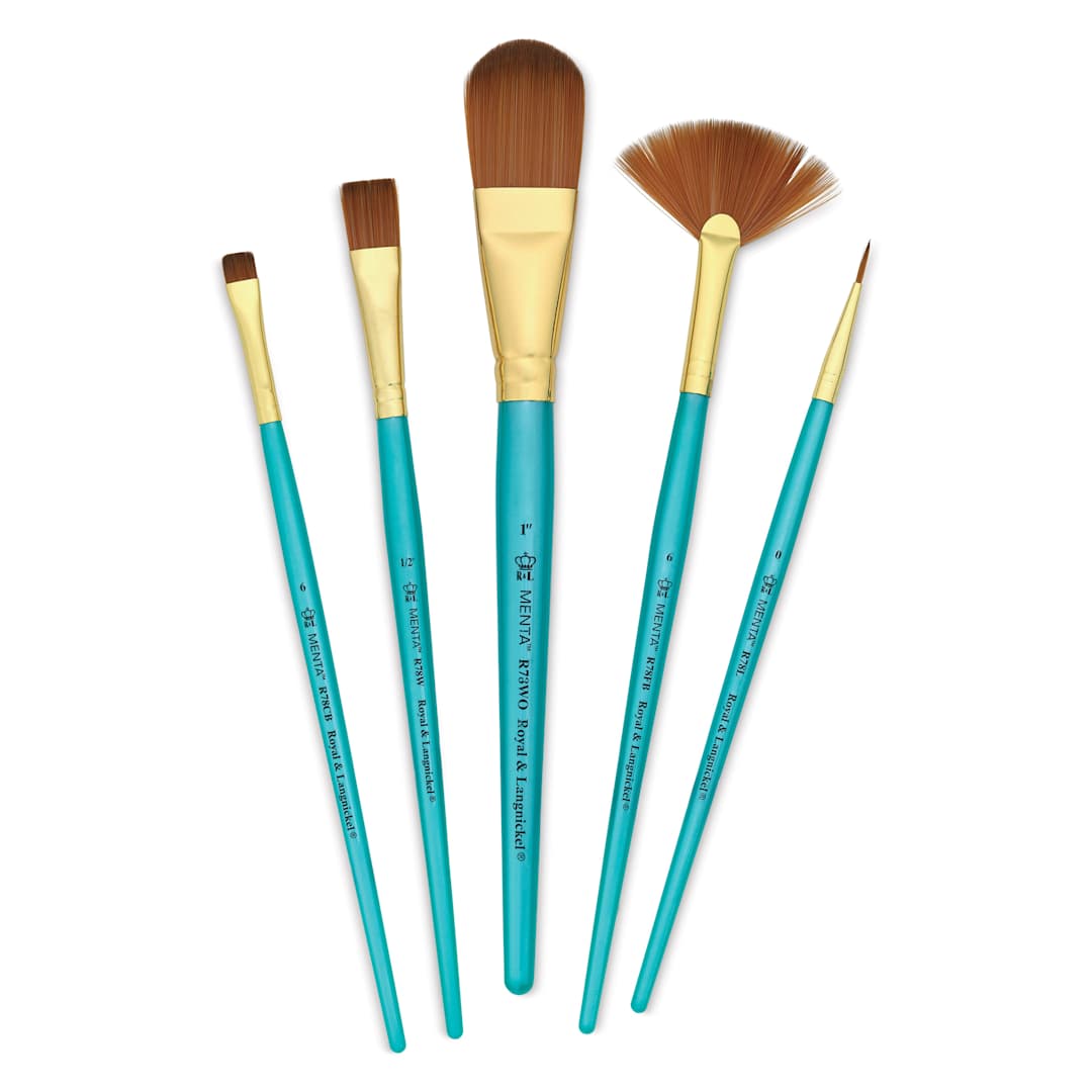 Open in modal - Royal & Langnickel Menta Synthetic Sable Brushes - Set of 5, Oval Wash Variety contents