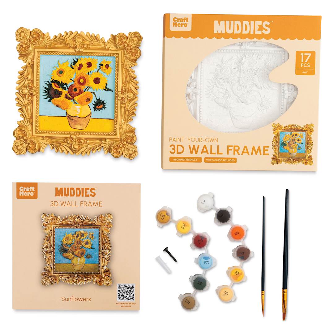 Open in modal - Craft Hero Muddies 3D Wall Frame Painting Kit - Sunflowers, contents and finished piece