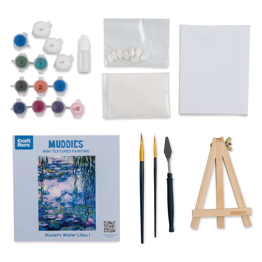 Open in modal - Craft Hero Muddies Monet’s Water Lilies Canvas Painting Kit, packaging and contents