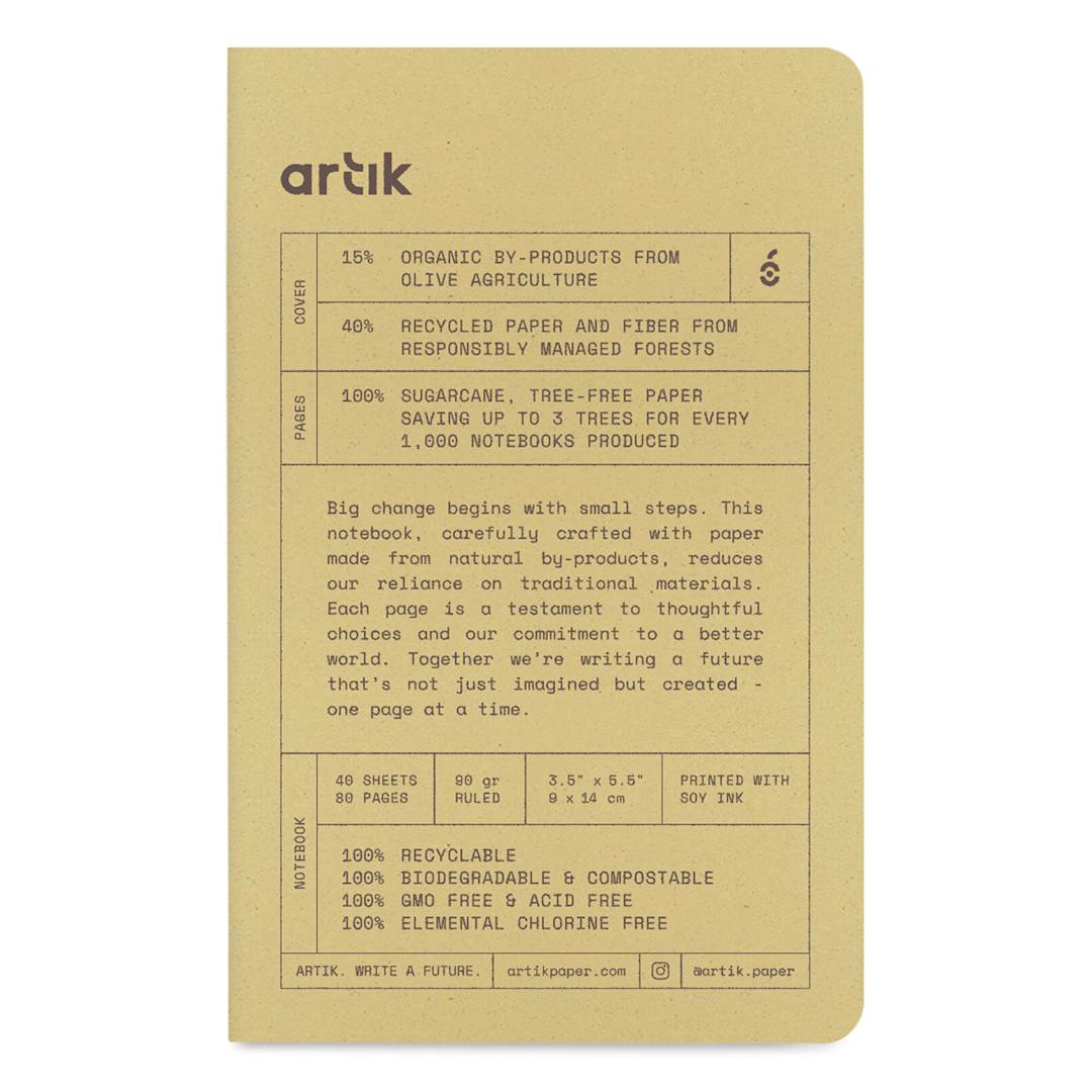 Open in modal - Artik Singer Sewn Notebook - Olive, 3-1/2" x 5-1/2", Ruled, Pkg of 3, front cover