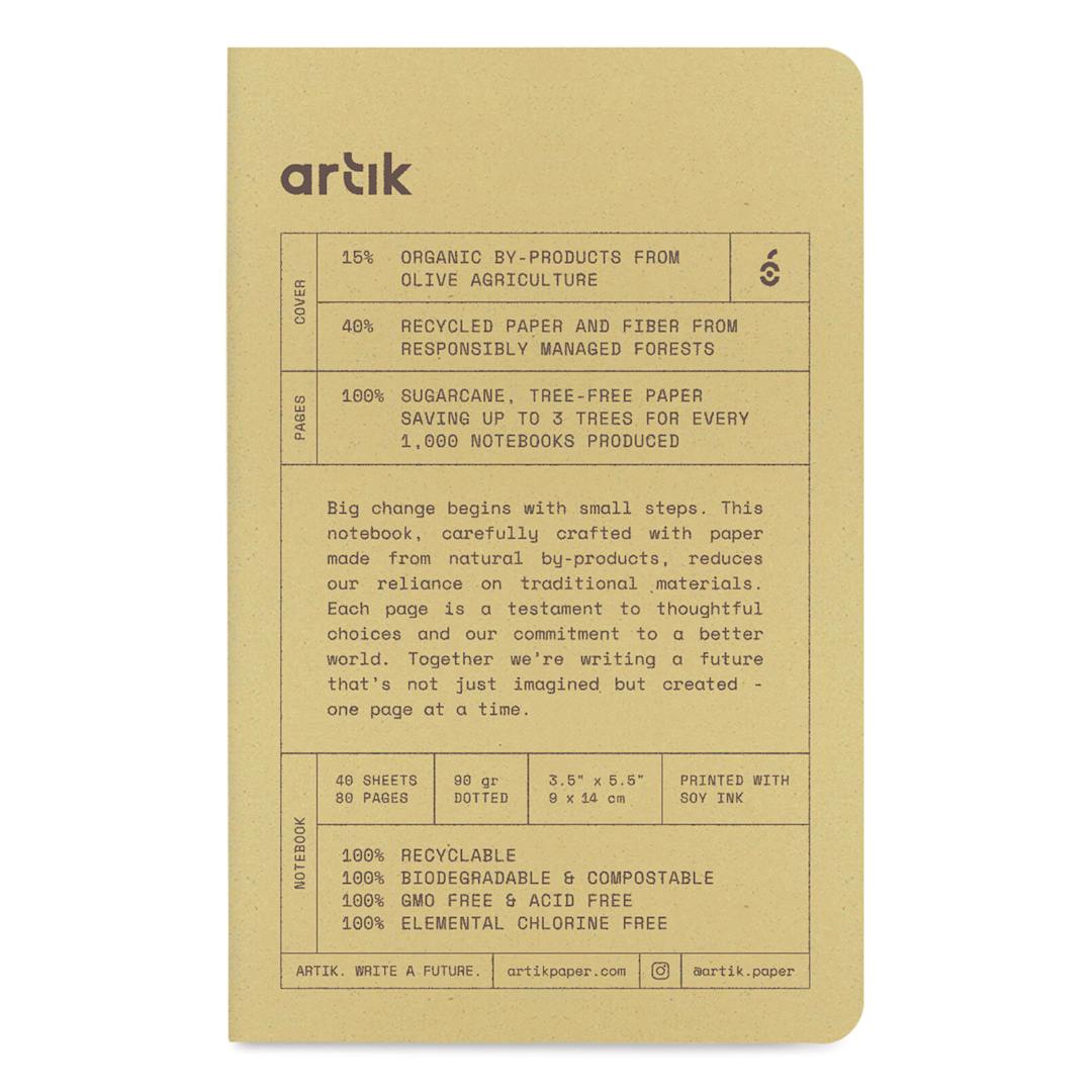Open in modal - Artik Singer Sewn Notebook - Olive, 3-1/2" x 5-1/2", Dot Grid, Pkg of 3, front cover