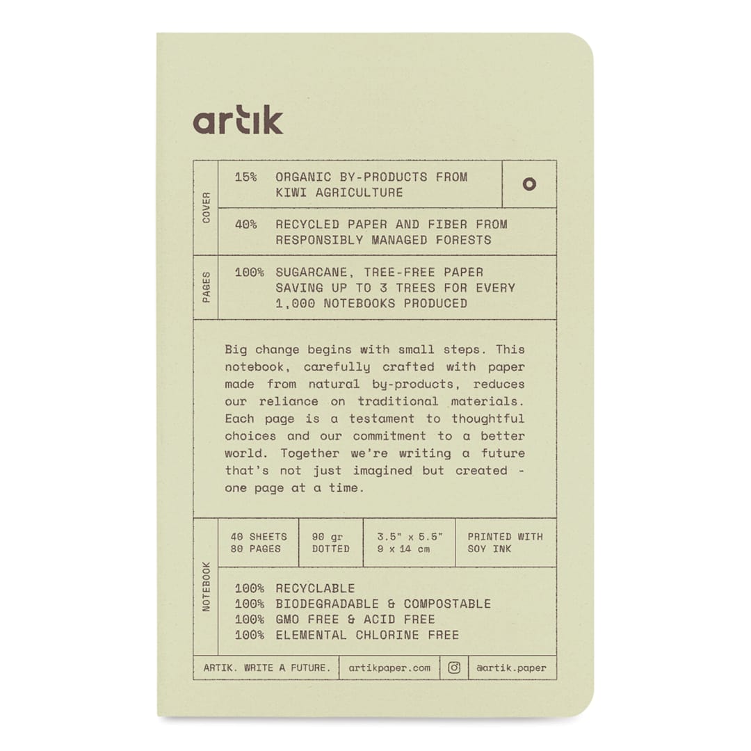 Open in modal - Artik Singer Sewn Notebook - Kiwi, 3-1/2" x 5-1/2", Dot Grid, Pkg of 3, front cover