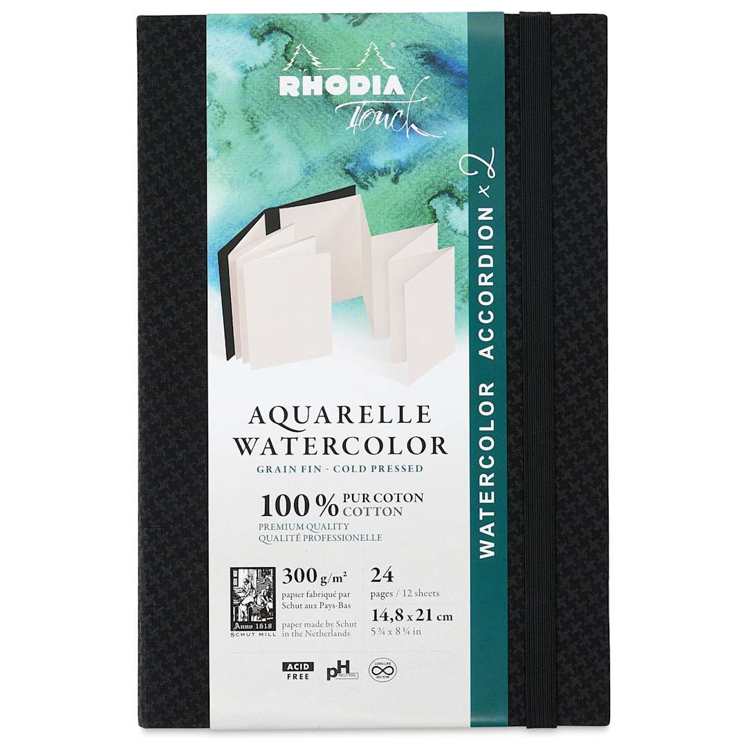 Open in modal - Rhodia Touch Aquarelle Watercolor Accordion Sketchbook - A5, 12 Sheets, front with packaging
