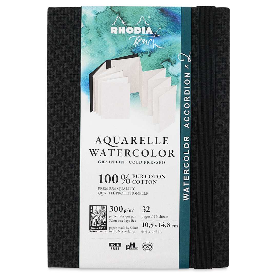 Open in modal - Rhodia Touch Aquarelle Watercolor Accordion Sketchbook - A6, Cold Press, 16 Sheets, front with packaging
