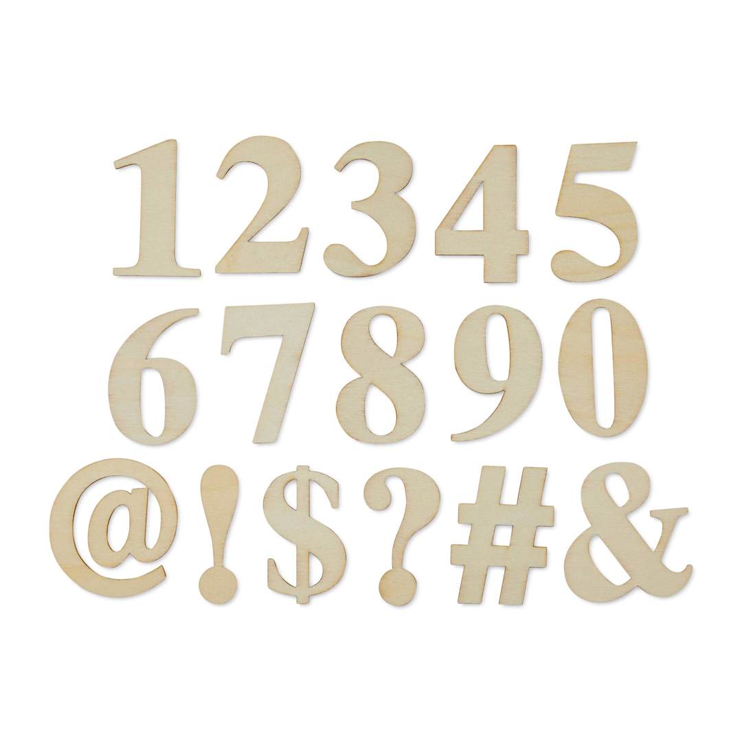 Open in modal - Park Lane Unfinished Wood Numbers - Classic Serif numbers and symbols laid out