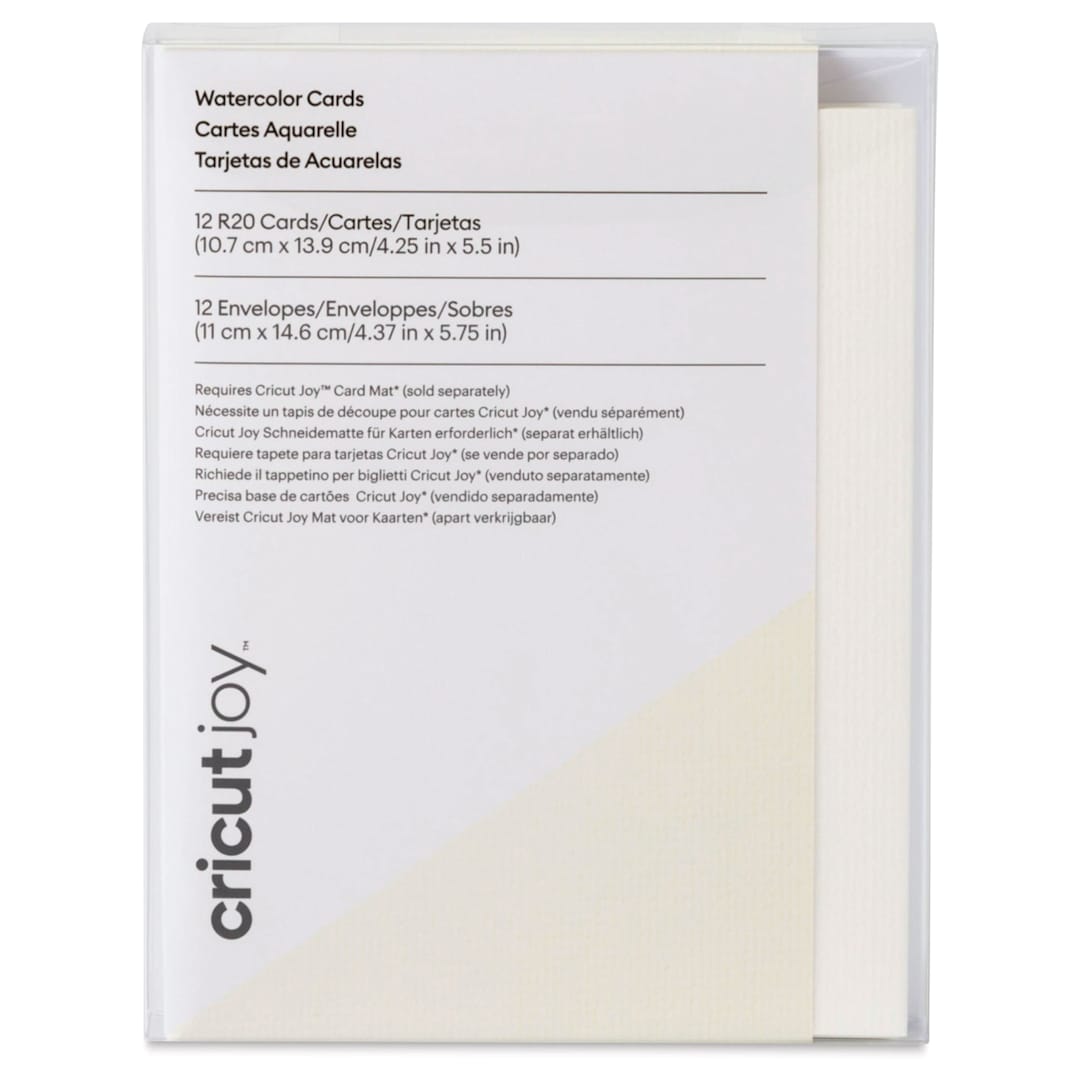 Open in modal - Cricut Joy Watercolor Cards and Envelopes - R20, Ivory Cards, Pkg of 12, front of the packaging