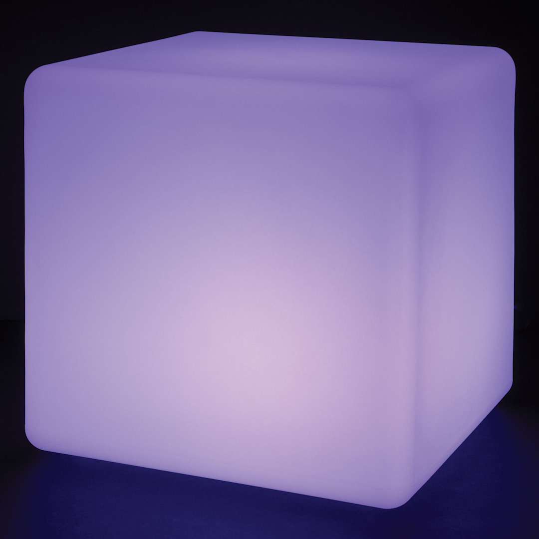 Open in modal - Roylco Educational Light Cube - in dark room, set to lavender