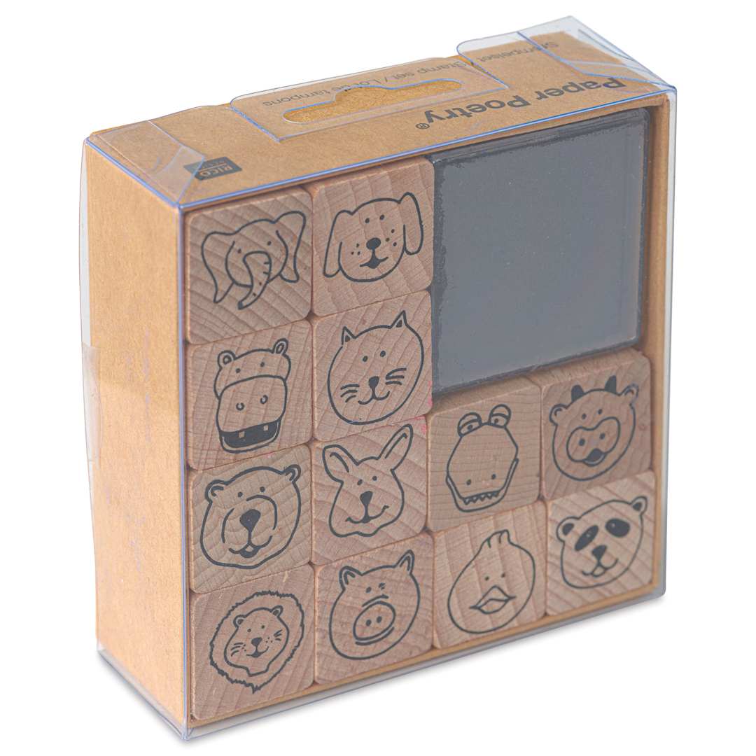 Open in modal - Rico Design Paper Poetry Stamp Set - Set of 13, Animal Faces front of packaging, angled view