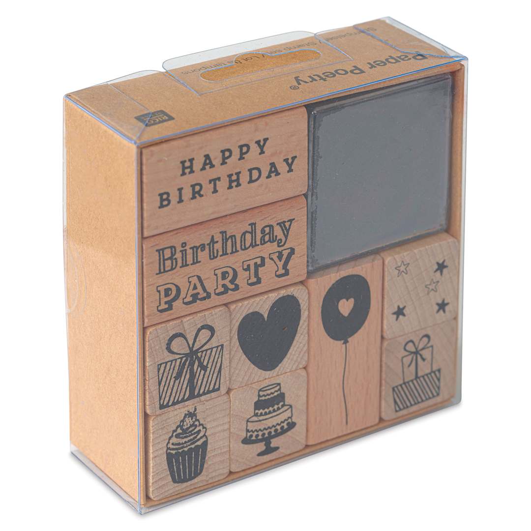 Open in modal - Rico Design Paper Poetry Stamp Set - Set of 10, Birthday front of packaging, angled view