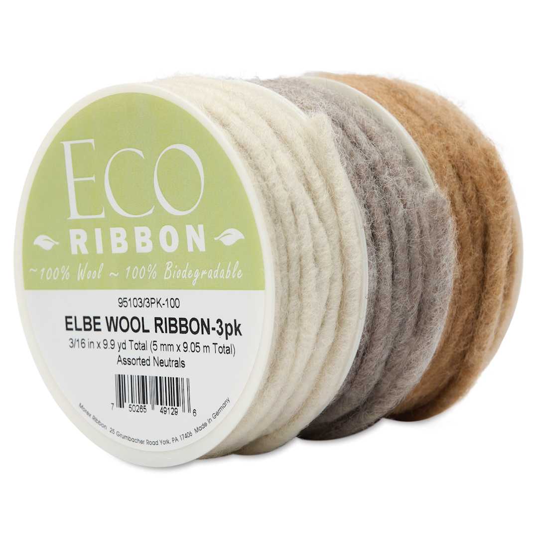 Open in modal - Morex Elbe Wool Ribbon - Neutrals, Pkg of 3, at an angle