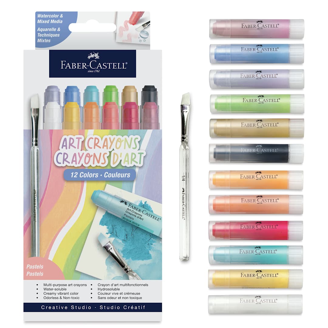 Open in modal - Faber Castell Art Crayons - Set of 12, Pastel Colors, packaging and contents
