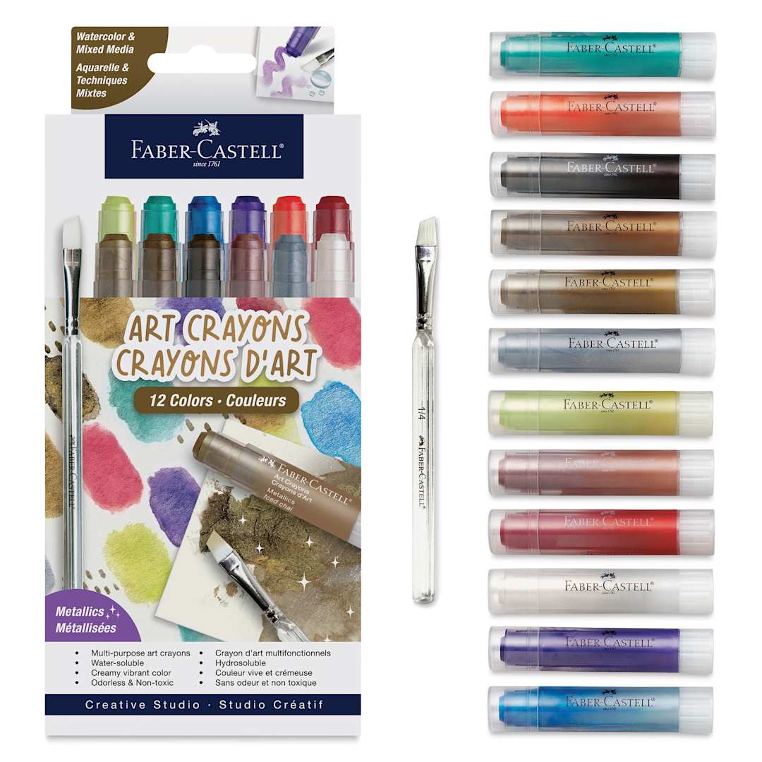 Open in modal - Faber Castell Art Crayons - Set of 12, Metallic Colors, packaging and contents