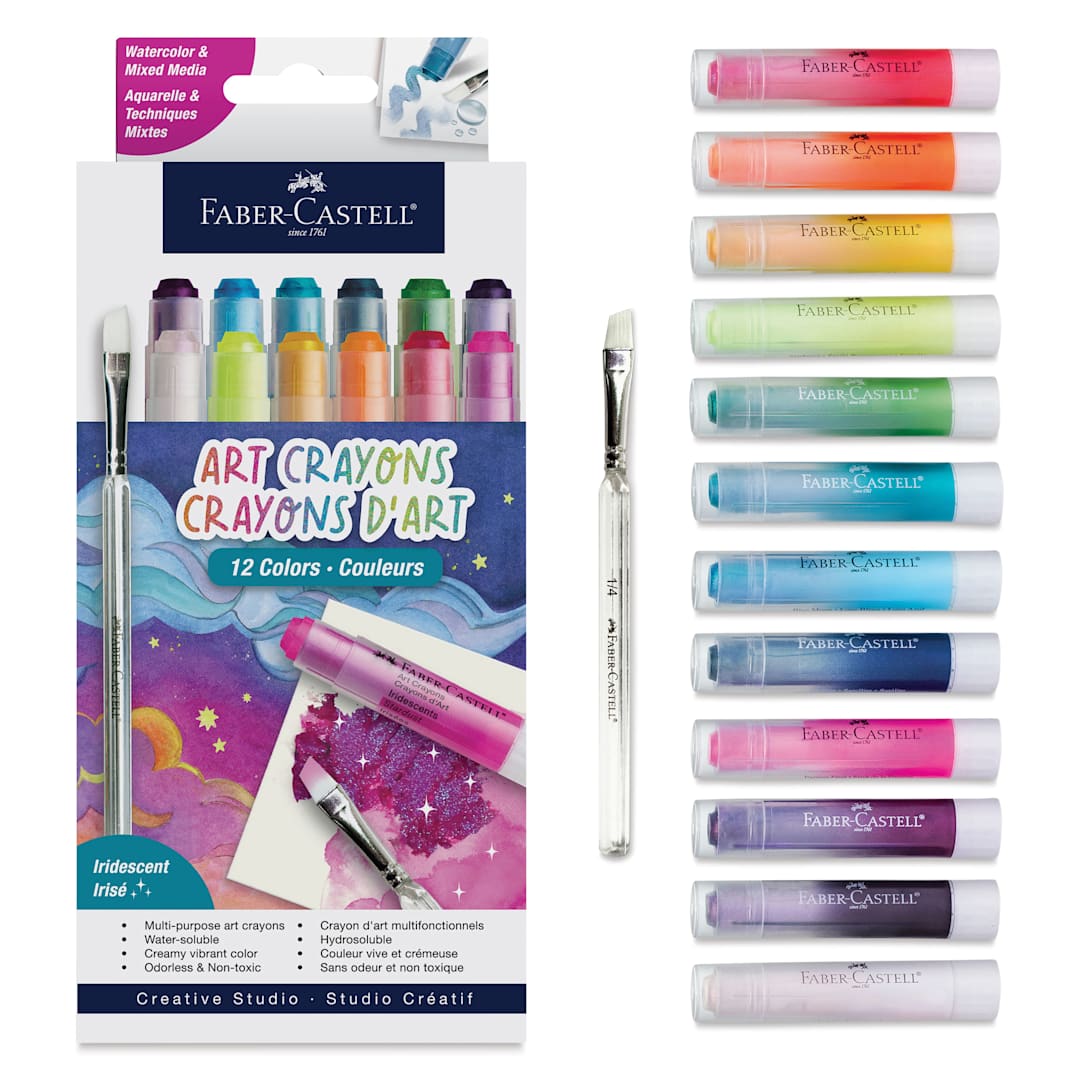 Open in modal - Faber Castell Art Crayons - Set of 12, Iridescent 1 Colors, packaging and contents