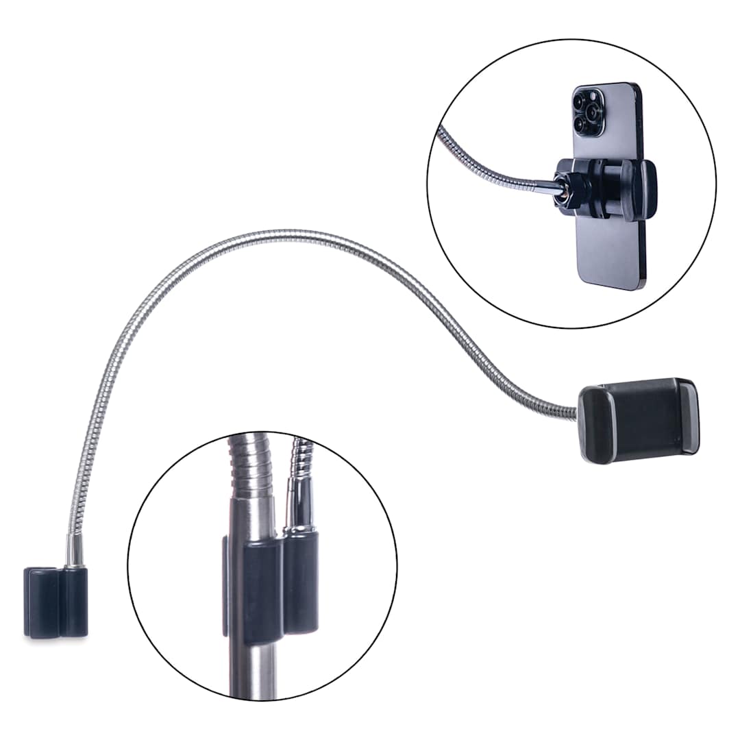 Open in modal - Daylight Flexi Phone Holder - with close up of clip and holder, phone not included