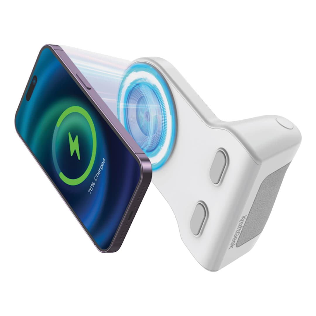 Open in modal - KraftGeek Power Shutter - White, shown with phone, phone not included